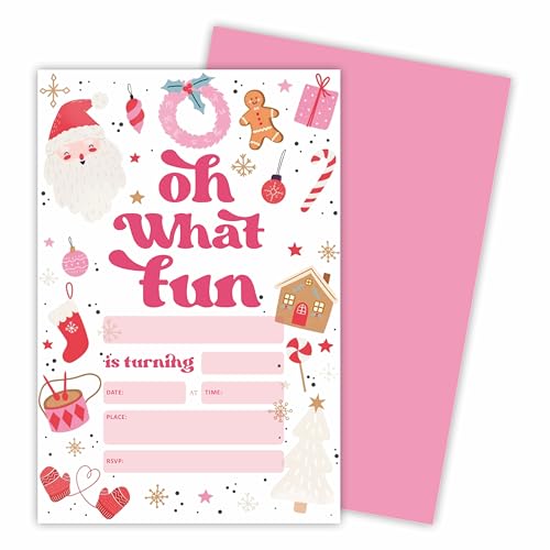 Oh What Fun! Christmas Birthday Party Invitation Cards - Pink Elements - 20 Invitations & Envelopes, Birthday Party Invites For Girls, 1St Birthday, Festive Season Party Favor & Decorations - A03