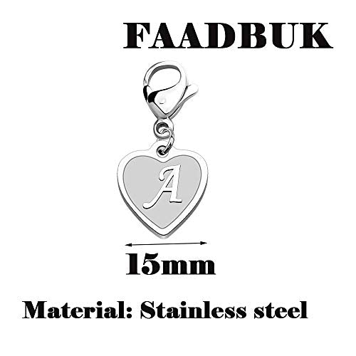 FAADBUK Initial Letter A-Z Alphabet Heart Charm for Bracelet Keychain Necklace Initial Stainless steel Clasp Clip on Charm (intial M)