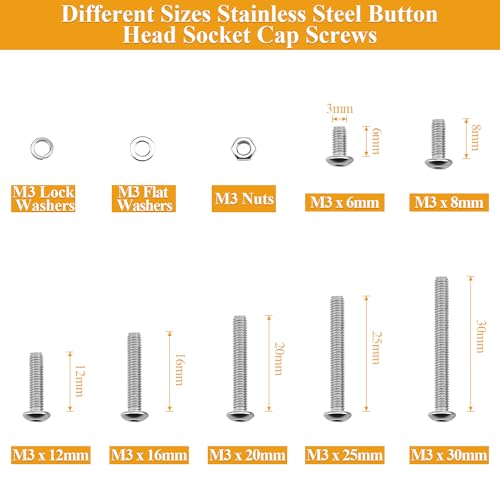 546 Pieces M3 Screws Nuts Washers Set, Sutemribor M3 x 6/8/12/16/20/25/30mm Button Head Socket Cap Screws Nuts Washers Assortment Kit, 304 Stainless Steel, Fully Threaded