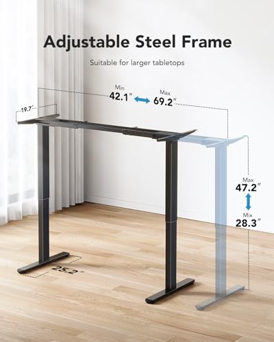 HUANUO 265 lbs Dual Motor Electric Standing Desk Frame, Thick T-Shaped Desk Legs Made of Automotive-Grade Steel, for Max 90″ x 31.5″ Desktop, Height Adjustable Desk Frame for Home Office, Frame Only