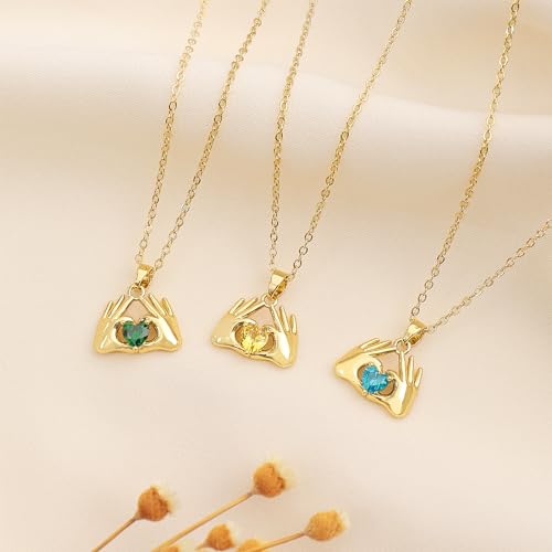 O.SECERT Birthstone Necklace for Women,18K Gold Heart Pendant Necklace Dainty Hand Heart Birthstone Necklace February Heart Birthstone Necklaces Jewelry for Women Trendy