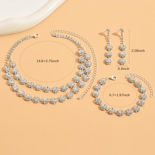 HUASAI Wedding Jewelry Sets for Brides Silver Prom Jewelry Rhinestone Necklace Earrings Bracelet Set for Party Wedding Graduation Bridesmaid Prom Dresses 2024 Accessories