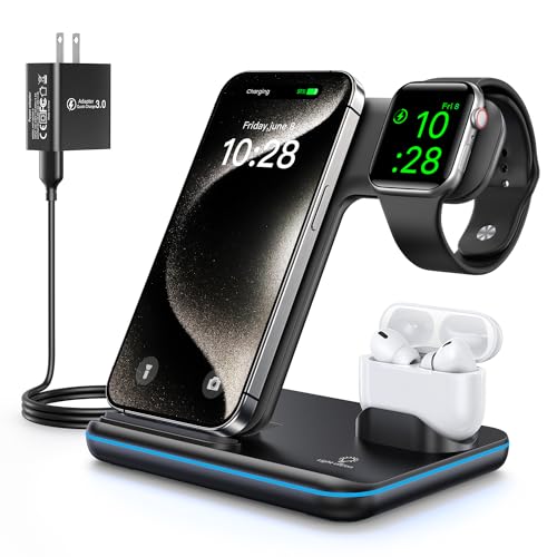 WAITIEE Wireless Charger 3 in 1, 15W Fast Charging Station for Apple Watch 9/8/Ultra 2/Ultra/SE/7/6/5/4/3/2, for AirPods 3/2/Pro/Pro 2, for iPhone 15/14/13 /Plus/Pro/Pro Max/12/11/X/Xr/XS/8 (White)