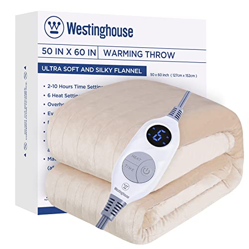 Westinghouse Heated Blanket Throw, Electric Throw with 6 Heating Levels, 2-10 Hours Time Settings, Overheat Protection, Machine Washable, Flannel (Throw, 50x60 Inches, Beige)