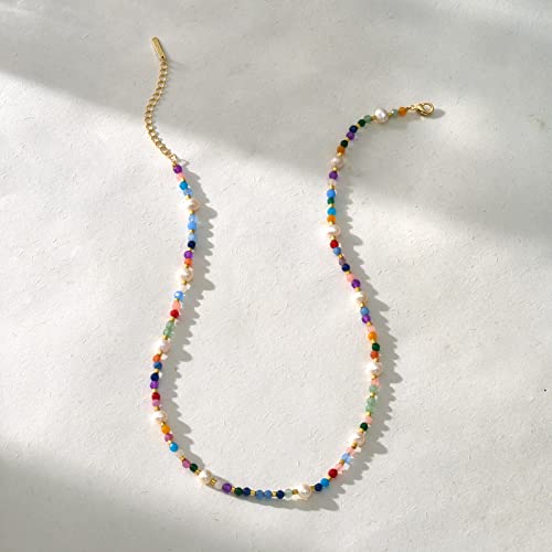 KissYan Beaded Choker Necklace for Women, Colorful Natural Gemstones Pearl Choker 14K Gold Plated Pendant Healing Crystal Necklace Stone Jewelry Gift for Teen Girls(Shell Stone)