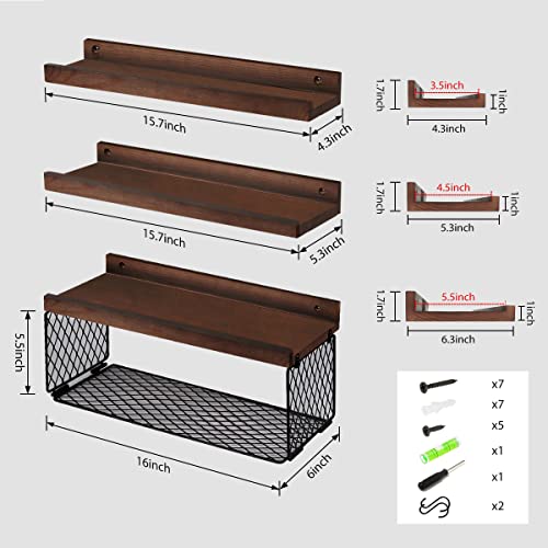 DABIGE Wall Mounted Floating Shelves, 3 Sets Wood Bathroom Shelves with Wire Storage Basket & Hooks, Farmhouse Floating Shelf for Wall Decor, Bedroom, Living Room, Kitchen, Plants, Books – Black
