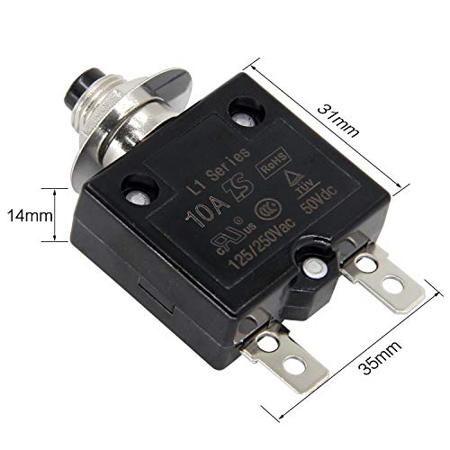 RKURCK 125-250V AC 50V DC Push Button Circuit Breaker 10Amp Thermal Overload Protector L1 Series Manual Reset Thermal Circuit Breaker 10A