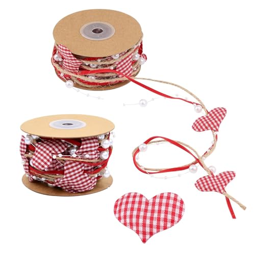 Valentine’s Ribbons, 1-1/2 Inches 5.5 Yards Burlap Ribbon with Pearls Beads Hearts for Gift Bouquet Wrapping Crafts Wreaths Hanging Wedding Party