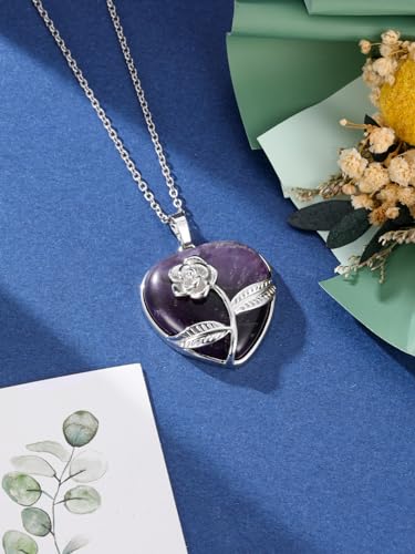 Jovivi Amethyst Crystal Heart Necklace Rose Flower Wrapped Love Heart Gemstone Healing Stone Pendant Necklaces Natural Spiritual Quartz Jewelry for Women Valentines Birthday Gifts