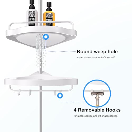 Corner Shower Caddy Tension Pole: Adjustable Stainless Steel Shower Organizer with 4 Tier Shelf for Bathroom Bathtub Tub Shampoo - Floor Standing Rack Bath Storage Holder with Rust Proof Rods