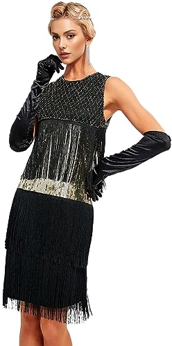 1920s Vintage Inspired Sequin Embellished Fringe Gatsby Flapper Tassel Dress w/ 20s Accessories Set Black Gold