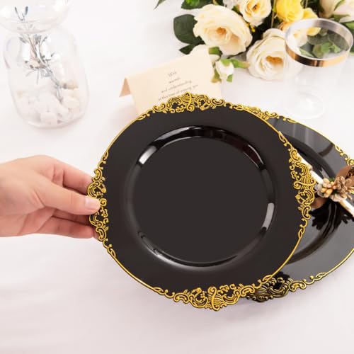 Hioasis 175pcs Black and Gold Plastic Plates - Black Gold Disposable Plates Include 25 10.25” Dinner Plates,25 7.5” Dessert Plates,25 Knives,25 Forks,25 Spoons,25 Napkins for Wedding & Party Halloween