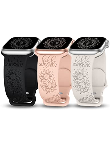 3 Packs Sunflower Engraved Bands Compatible with Apple Watch Bands 41mm 40mm 38mm Women Girls, Floral Lace Fancy Fashion Stretchy Sport Silicone Flower Straps for iWatch Series 9/SE/8/7/6/5/4/3/2/1