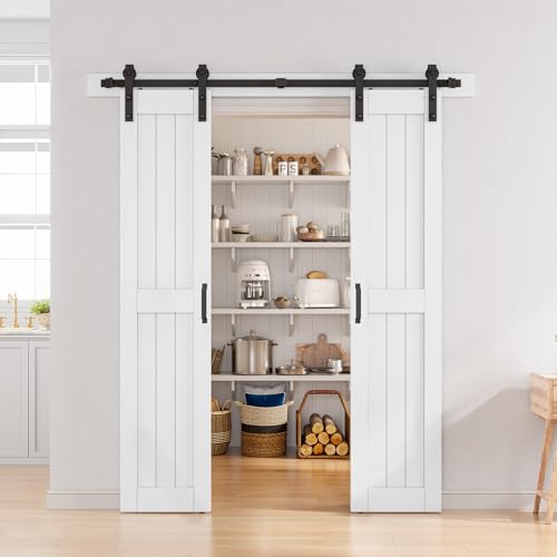 SmartStandard 84 x 84 in (Double 42x84 Door) White Barn Door with 14FT Sliding Hardware Kit & Handle, Pre-Drilled Ready to Assemble, Waterproof PVC Coating, H-Frame