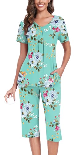 Anyally Women's Summer Pajama Set Plus Size Short Sleeve Shirt and Capri Pants 2 Piece Sleepwear Pleated Ladies Pjs Sets with Pockets, XL Star Blue
