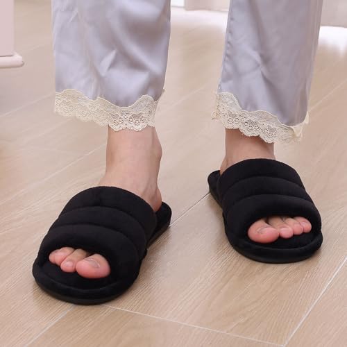 shevalues Terry Cloth Open Toe Slippers for Women Memory Foam Slip On House Slippers, Black 250, 6-7 Women/4.5-5.5 Men