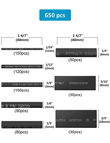 650pcs Heat Shrink Tubing Black innhom Heat Shrink Tube Wire Shrink Wrap UL Approved Ratio 2:1 Electrical Cable Wire Kit Set Long Lasting Insulation Protection, Safe and Easy, Eco-Friendly Material