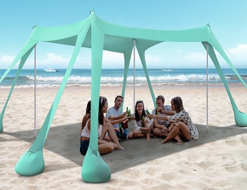 Beach Tent, Beach Canopy UPF50+ UV Protection, 10x10ft Beach Shade Sun Shelter with 8 Sandbags, Sand Shovels, Ground Pegs, Stability Poles for Camping, Fishing, Picnics, Backyard Fun, Light Green