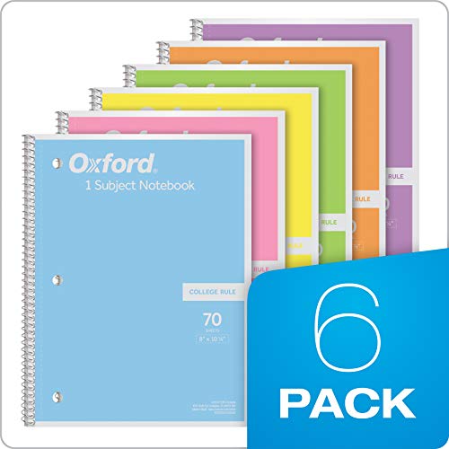 Oxford Spiral Notebook, 1 Subject, College Ruled Paper, 8 x 10-1/2 Inch, Pastel Pink, Orange, Yellow, Green, Blue and Purple, 70 Sheets (63756), Set of 6