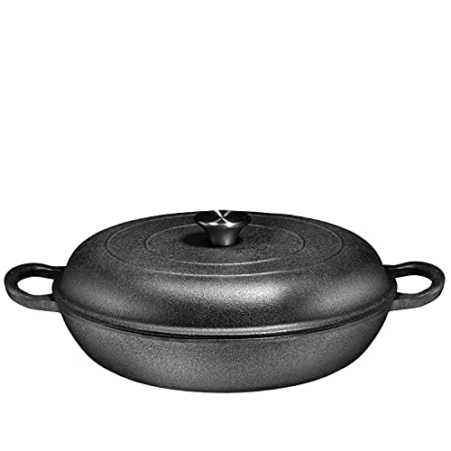 Bruntmor 3.8 Quart Enamel Cast Iron Dutch Oven With Handles And Lid, 3.8 Qt Black Cast Iron Skillet, Enamel Shallow Cookware Braising Pan For Casserole Dish, Crock Pot Covered With Cast Iron- Black