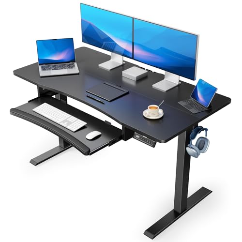 HUANUO 48" x 24" Electric Standing Desk with Large Keyboard Tray(26.7"), Adjustable Height Stand Up Desk for Home Office, 4 Memory Height Settings, 2 Headphone Hooks, Computer Workstation, Black