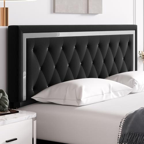 HITHOS King Bed Frame, Upholstered Platform Bed Frame with Modern Adjustable Headboard, Diamond Tufted Mattress Foundation with Wooden Slat Support, No Box Spring Needed, Easy Assembly (King, Black)