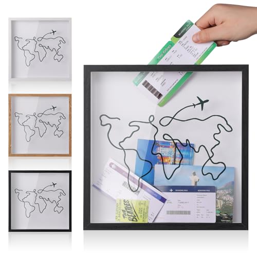 MUXIUNT Travel Adventure Archive Shadow Box For Memories,8&12Inch Concert Travel Ticket Stub Memory Top Loading Shadow Keepsake Box With Slot On Top,life In a Shadow Box Travel Gift Frame (Black, 8x8)
