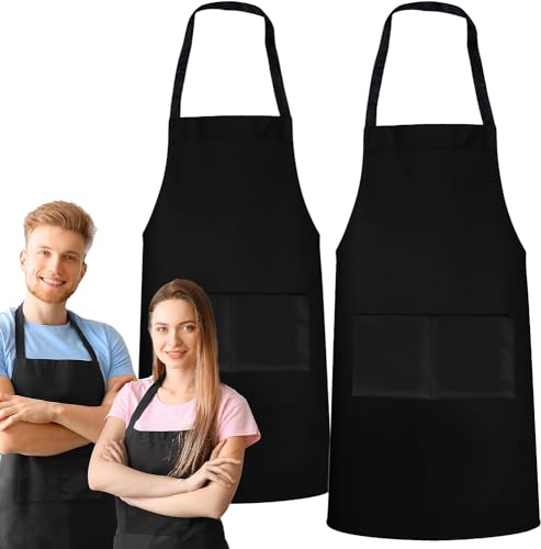 GREEN LIFESTYLE 2 Pack Bib Apron - Unisex Black Aprons, Machine Washable Aprons for Men and Women, Kitchen Cooking BBQ Aprons Bulk (Pack of 2, with Pockets, Black)