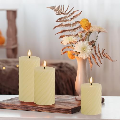 Yongmao Flameless Candles with Remote, Ivory LED Battery Operated Spiral Real Wax Pillar Candles Warm Light 3D Wick Flickering with Remote for Home Party Decor D 3" H 4" 5" 6"(Set of 3)