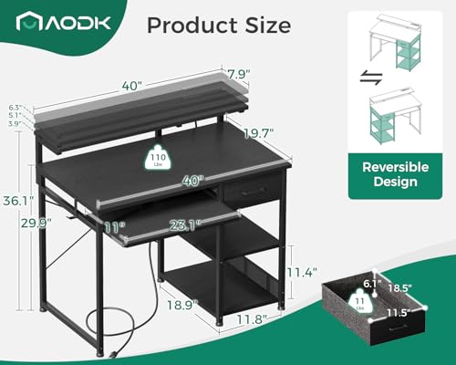 AODK Small Computer Desk with Keyboard Tray, 40 Inch Gaming Desk with Power Outlet, Office Desk with Drawer, Reversible Desk with Adjustable Monitor Shelf and Storage Shelf for Home, Black