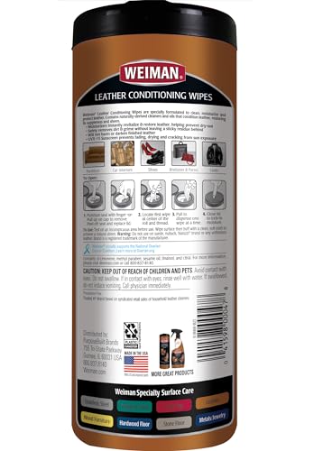 Weiman Leather Cleaner & Conditioner Wipes With UV Protection, Prevent Cracking Or Fading Of Leather Couches, Car Seats, Shoes, Purses - 30 ct