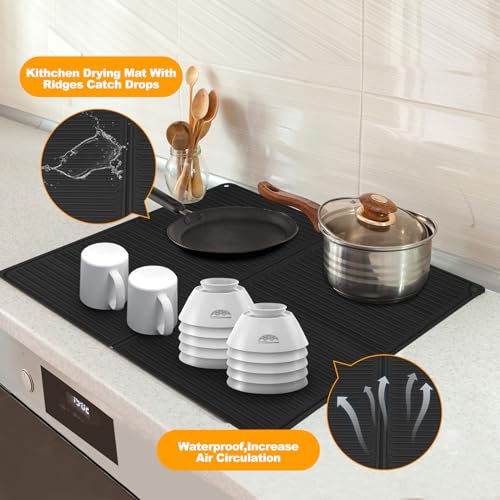 Electric Stove Cover Silicone Mat - 28 x 20 Ceramic Stove top Cover, Heat Resistant Glass Cooktop Cover, Flat RV Range Stovetop Protector, XL Dish Drying Mats for Kitchen (Black)