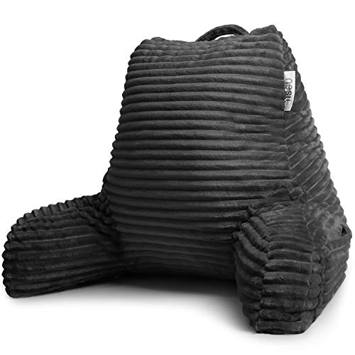 Nestl Reading Pillow for Bed Adult – Back Pillow for Sitting in Bed, Standard Plush Bed Pillows for Sitting Up in Bed, Shredded Memory Foam Bed Chair Pillow with Arms and Pockets, Grey Bed Rest Pillow