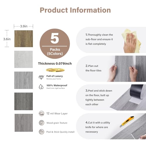 Peel and Stick Floor Tile, INMOZATA 36-Pack 54 Sq.Ft Self Adhesive Vinyl Plank Flooring Wood Grain Look 36x6 Inch Waterproof Tile Sticker for Bedroom, Living Room, Kitchen, RV (Dark Gray)