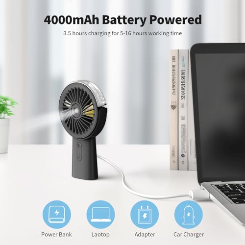 Otlonpe Misting Fan Portable Fan with Mist, 4000 mAh Rechargeable Handheld Fan Battery Operated Water Spray Mister Fan, Small Personal Hand Held Fan Power Bank for Travel Men Women, Black