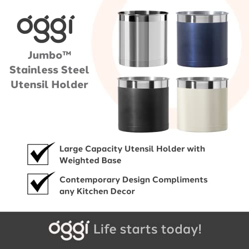Oggi Stainless Steel Jumbo Utensil Holder - 7" Utensil Caddy, Weighted Base for Stability - Extra Large Utensil Crock and Countertop Utensil Organizer, Blue