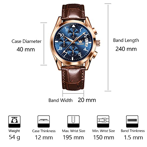 OLEVS Men's Watches Auto Date Multi-Function Rose Gold Quartz Watch for Men Blue Face Brown Leather Strap Casual Mens Chronograph Watches Water Resistant Easy Read Aviator Men's Cuff Watch for Father