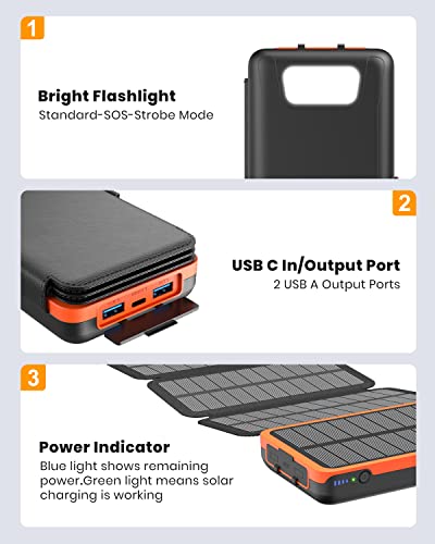 Hiluckey Solar Charger 27000mAh 22.5W Fast Charging Power Bank USB C PD Portable Phone Charger with 4 Solar Panels for Cell Phone Tablet