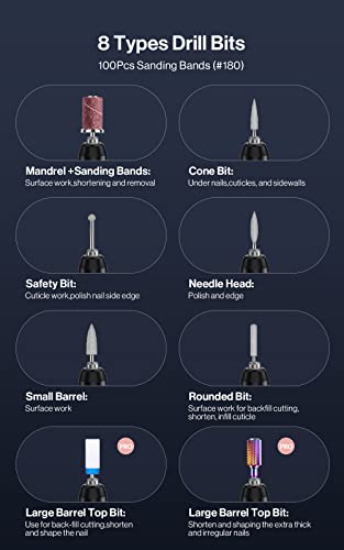 MelodySusie Professional Nail Drill 30000RPM, SC320D Rechargeable Electric Nail Drill Machine, Cordless Nail E File for Acrylic Gel Nails, 8pcs Nail Drill Bits 106pcs Sanding Bands, Selene Black