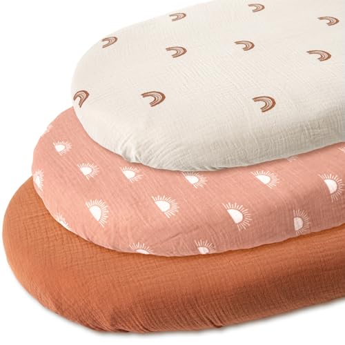 Gllquen Baby Muslin Bassinet Sheets 3 Pack, Breathable Elastic Cozy Fitted Cotton Bassinet Mattress Sheet for Baby Boy Girls, Fit for Hourglass Oval Rectangular Cradle Pad Sheets 33"X17" (Green)