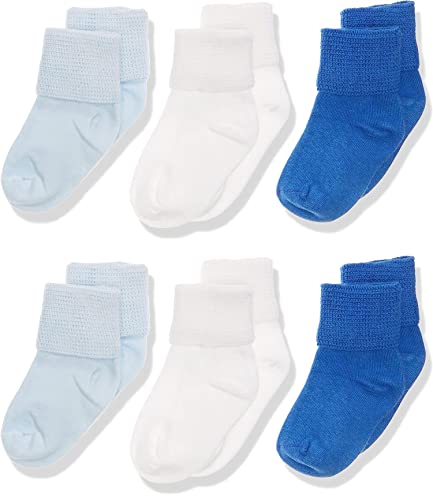 Jefferies Socks baby boys Newborn Turn Cuff Bootie 6 Pair Pack infant and toddler socks, Blue/White/Royal, Newborn US