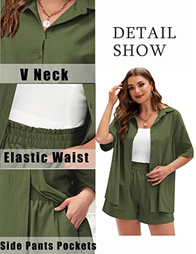 IN'VOLAND Women's Plus Size 2 Piece Outfits Summer Tracksuit Cotton Linen Shirt and Elastic Waist Shorts Summer Casual Tracksuits 18W