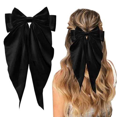 NYXXZ Hair Clip, Large Black Silky Satin Bow Hair Barrettes, 2Pcs Oversized Ribbon Hair Bow Clips for Women, Girl, Lady, Hair Accessories