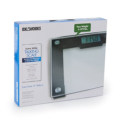 Ideaworks JB5824 Extra Wide Talking Scale-Visual & Voice Display Scale- 550 Pounds Max-Tamper Glass-Extra Wide Width-Large LCD Display-Tap On & Off Auto Function