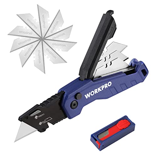 WORKPRO Folding Utility Knife, Quick Change Box Cutter, Razor Knife for Cartons, Cardboard, Boxes, Blade Storage in Aluminum Handle, 13 Extra Blades Included (Blue)