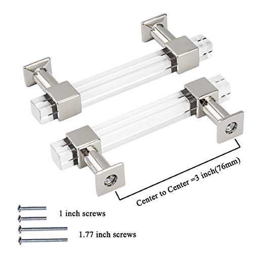 Mengico 6 Pack Cabinet Pulls 3 Inch Hole Centers Kitchen Cabinet Handles Polished Chrome Modern Drawer Pulls Acrylic Cabinet Hardware for Bathroom and Bedroom