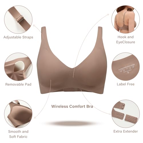DEANGELMON Wireless Bras for Women Seamless No Underwire Comfortable Plunge Bralette V Neck Adjustable Smooth Bra(1P3,S)