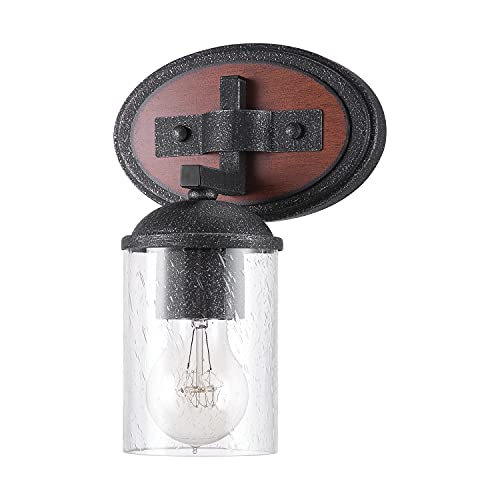 Globe Electric 51855 Kingston 1-Light Vanity Light, Dark Faux Wood, Galvanized Metal Accents, Clear Seeded Glass Shade, Bulb Not Included