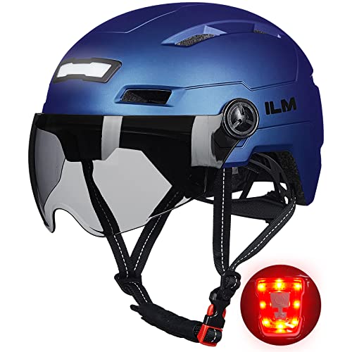 ILM Adult Bike Helmet with USB Rechargeable LED Front and Back Light Mountain&Road Bicycle Helmets for Men Women Removable Goggle Cycling Helmet E3-10L(Blue Purple, Small/Medium)