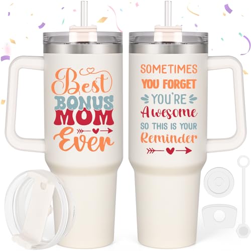 LiqCool Bonus Mom Birthday Gifts - 40 Oz Best Bonus Mom Ever Tumbler Gifts for Step Mom from Daughter Son, Unique Popular Stepmom Mother's Day Birthday Gift Ideas Cup(Cream)